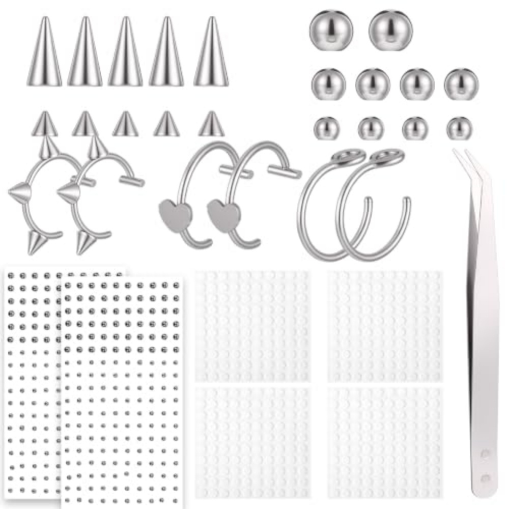 Body Jewelry Replacement Ball - ชุดเจาะปลอม Non-Pierced ริมฝีปากคิ้วเครื่องประดับ แหวนริมฝีปากพร้อมลูกเปลี่ยน Spikes สติกเกอร์กาว