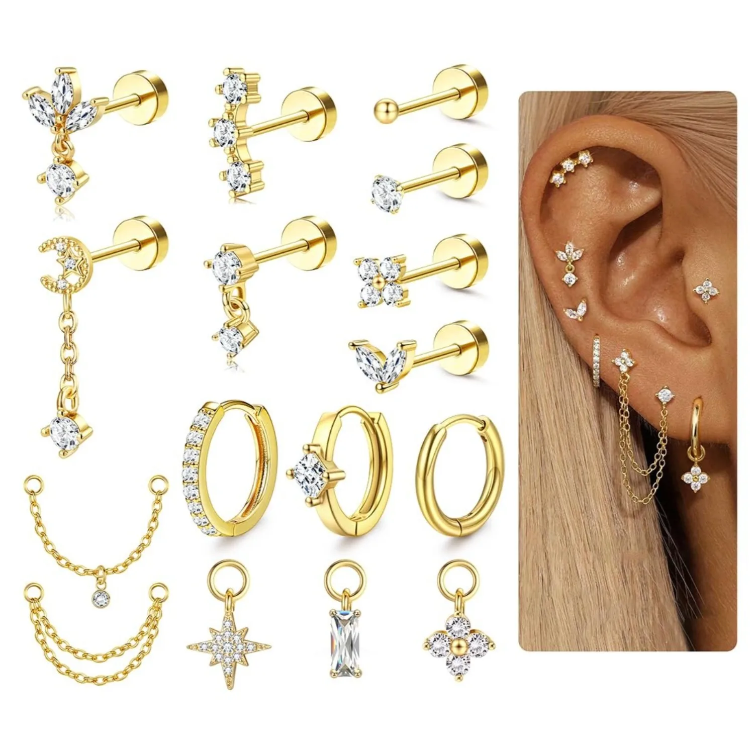 Body Jewelry Surgical Steel - ต่างหูเจาะกระดูกอ่อน 16 เกจ สำหรับผู้หญิง แบบแบนด้านหลัง ปลอดสารก่อภูมิแพ้